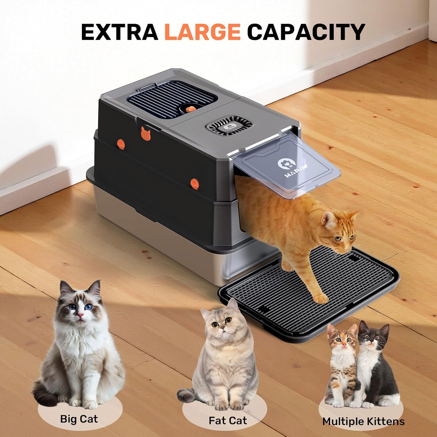 Stainless Steel Litter Box with Lid, Anti-Leakage Enclosed Metal Litter Box, Flip-Top Extra Large Kitty Litter Pan with Scoop & Pedal, Odor Free, Front & Top Dual Entry, Black