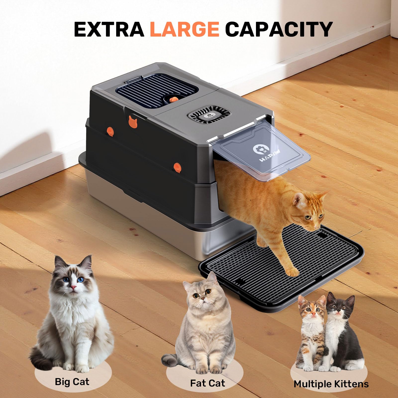 Stainless Steel Litter Box with Lid, Anti-Leakage Enclosed Metal Litter Box, Flip-Top Extra Large Kitty Litter Pan with Scoop & Pedal, Odor Free, Front & Top Dual Entry, Black - image 6
