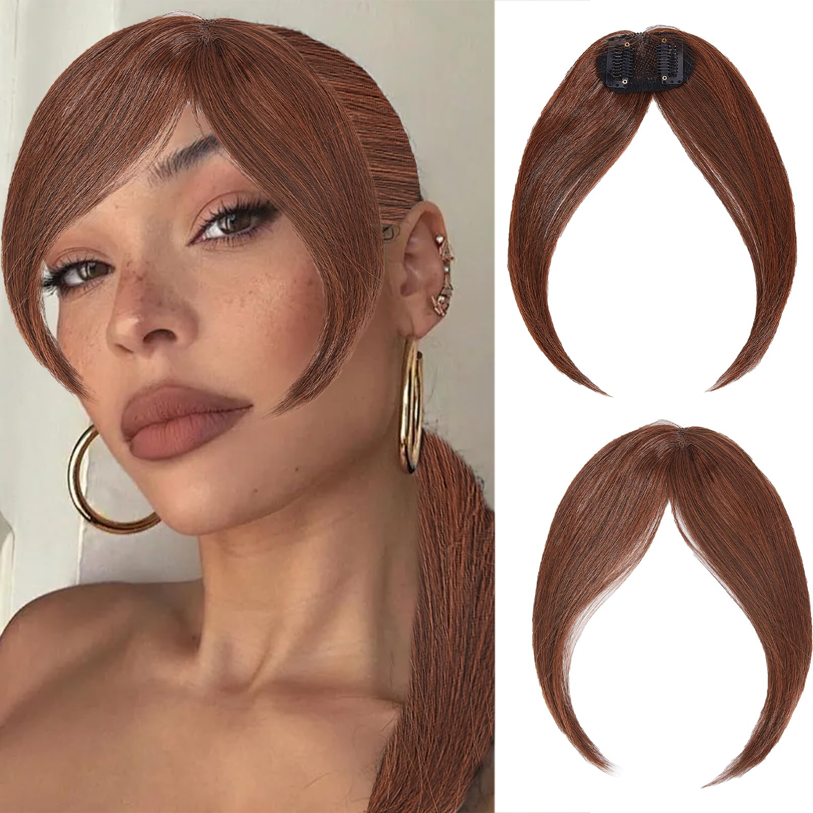 NICENEEDED Middle Part Bangs Hair Pieces, Brown Natural Fake Clip-in Hair Piece Wigs