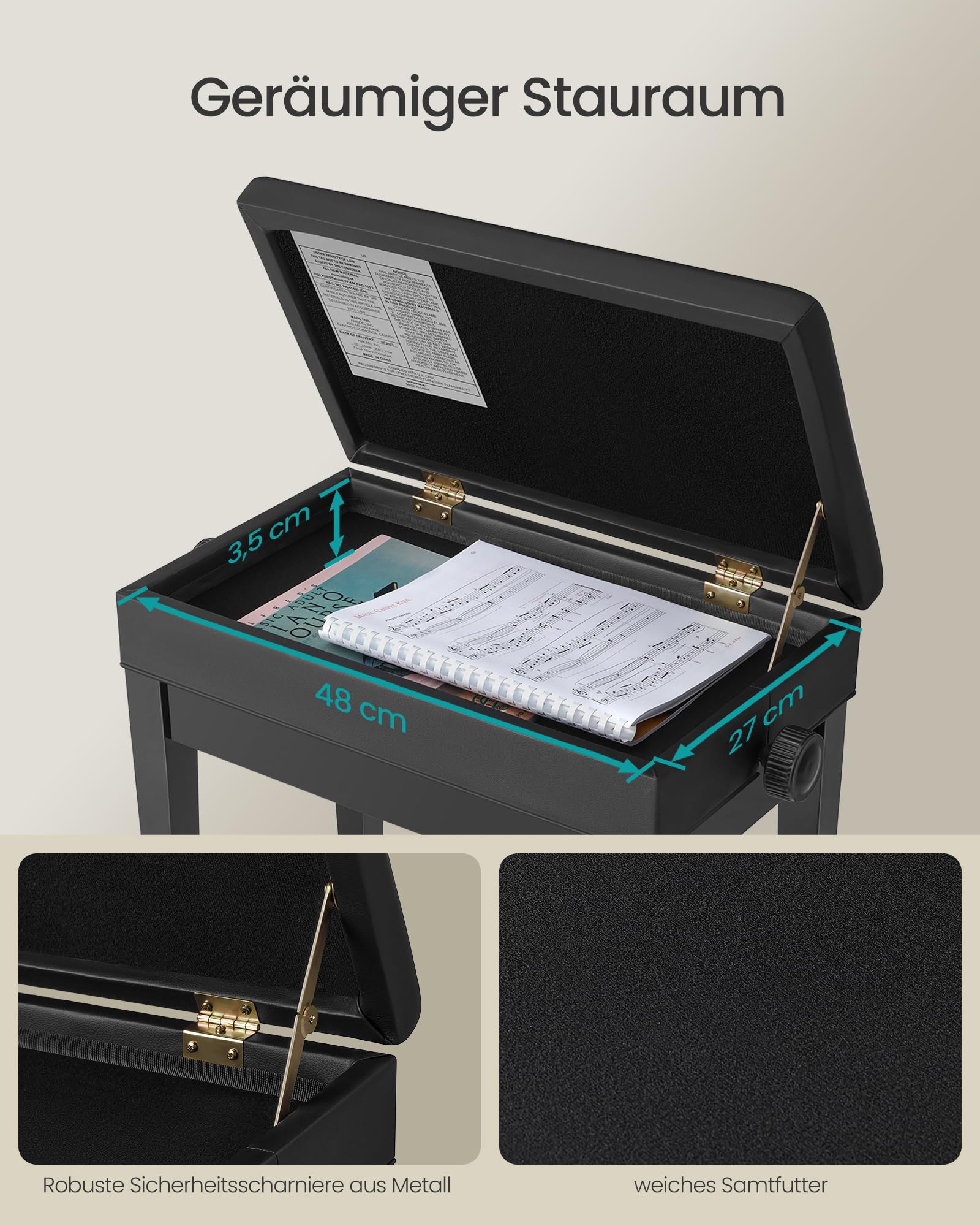 SONGMICS Klavierhocker höhenverstellbar, mit verstecktem Stauraum, Klavierbank, Hocker gepolstert, Sitzhocker, Sitzbank, 56,2 x 34 x (47-55) cm, schwarz LPB57H