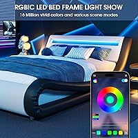 Vista 28 de WEEWAY Moderno marco de cama matrimonial con cabecera de luces LED RGBW, diseño de trineo tapizado de perfil bajo, soporte de listones de madera