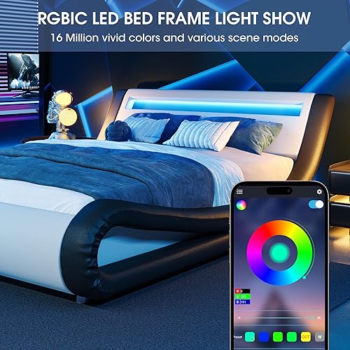 Miniatura 18 de WEEWAY Base de cama moderna tamaño Queen con cabecera de luces LED RGBW, diseño de trineo tapizado de perfil bajo, soporte de listones de madera