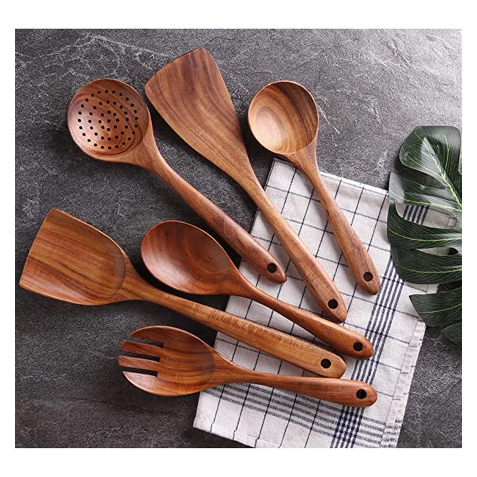 Juego de utensilios de cocina de madera, sartén antiadherente, cucharas y espátulas de madera.(6pcs)