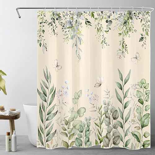 LB Cortina de ducha de hojas de eucalipto verde salvia, hojas de acuarela, mariposa sobre fondo beige, cortina de ducha de baño con plantas