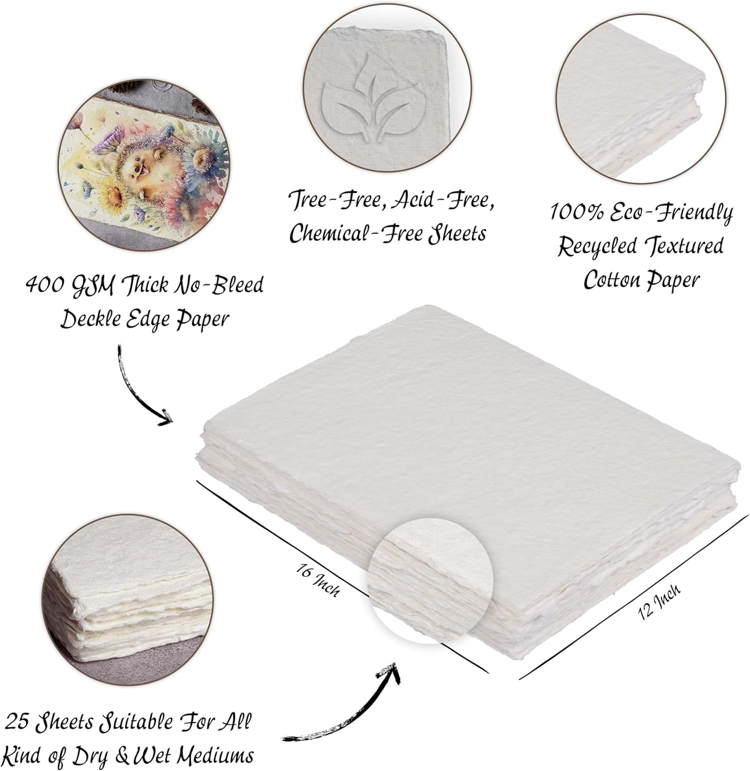 LEATHER VILLAGE 400 GSM / 25 Sheets Rough Textured Watercolor Paper for Painting, Drawing & Sketching – 16''X11.5'' Handmade Cotton Deckle Edge Art Paper, Made from Virgin Egyptian - White