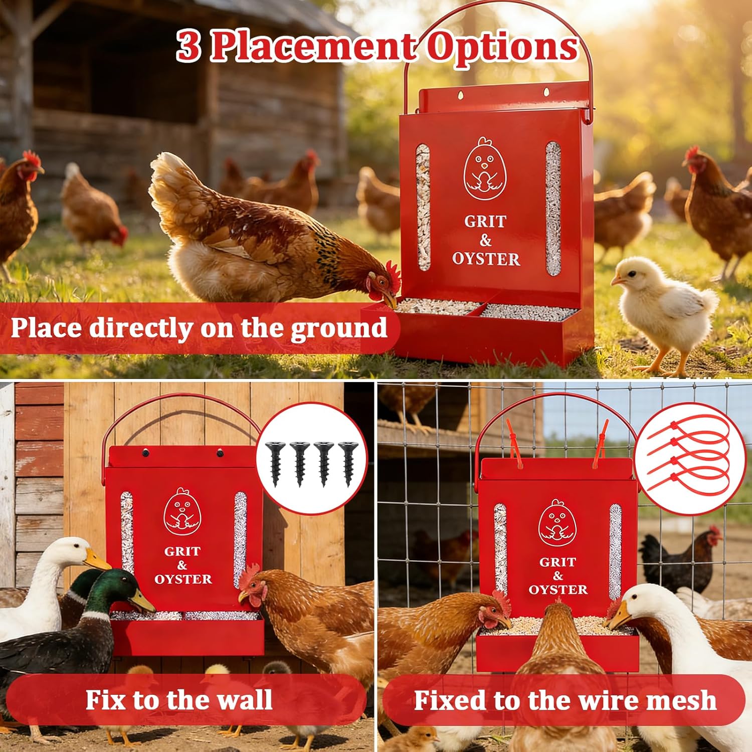 Oyster Shell and Grit Feeder Combo, Metal Chicken Feeder with Viewing Window/Lid, Hanging Gravity Chicken Grit Feeder, Coop Accessories for Healthier Hens and Eggs (Red)