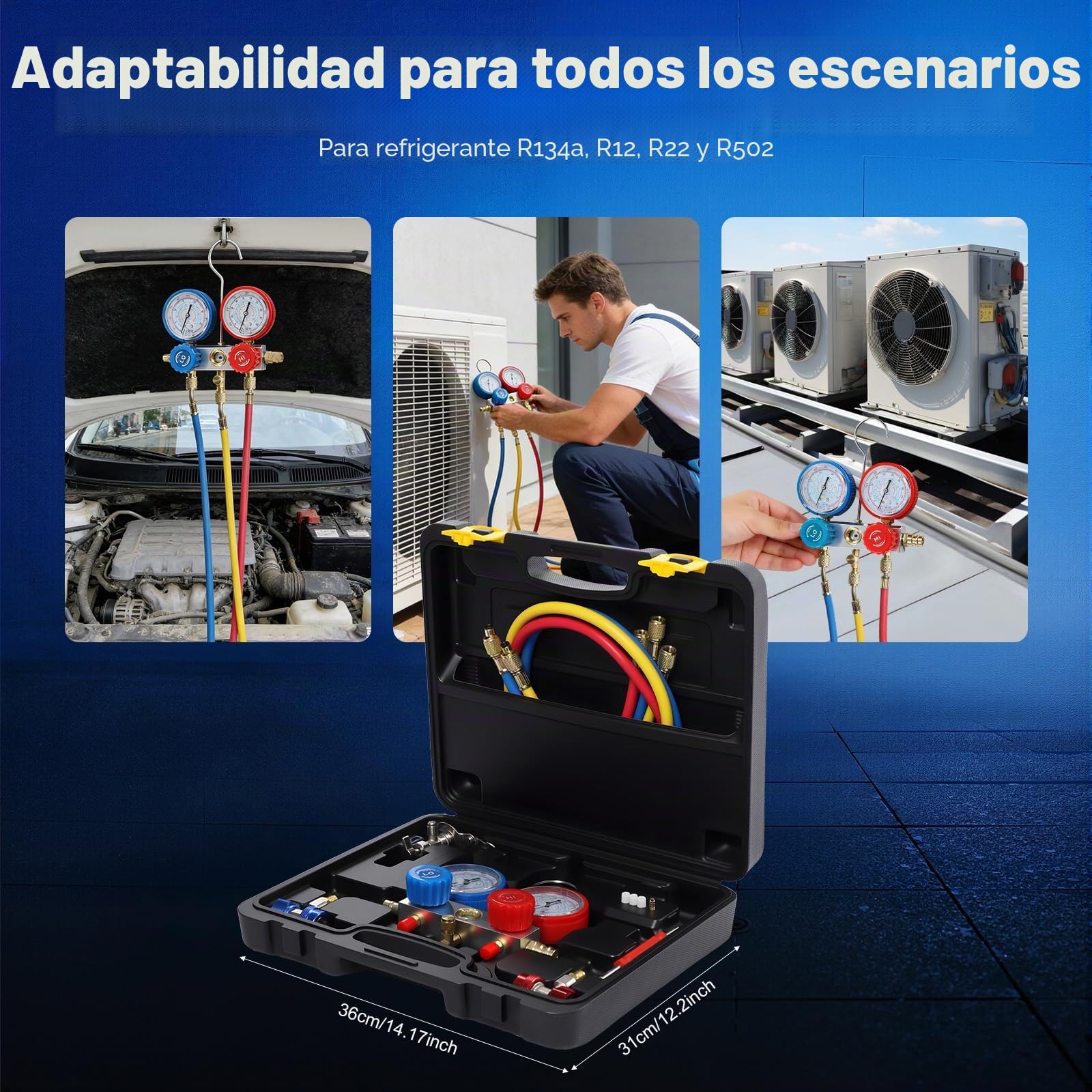 Acondicionador de aire acondicionado de 2 vías con manómetros, bomba de vacío, accesorios para R32 R410A R134A, incluye 3 mangueras y girador de válvulas, herramienta de aire acondicionado para coche