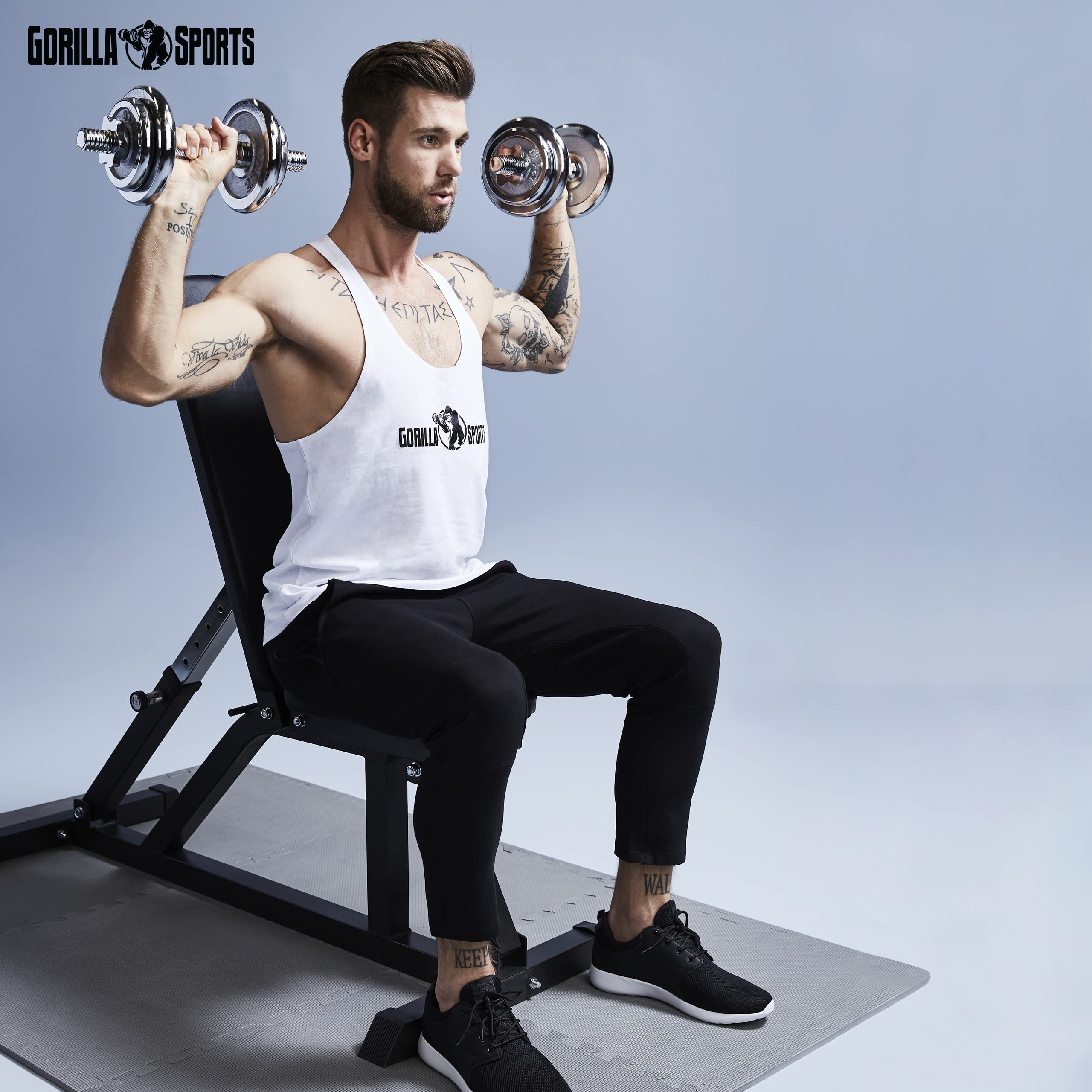 GORILLA SPORTS® Banc de Musculation - Réglable en 7 Positions, Max. 200kg, Noir/Blanc - Banc d'Haltérophilie, Multifonction, pour Complet du Corps, Entraînement, Abdominaux, Fitness, Gym Équipement