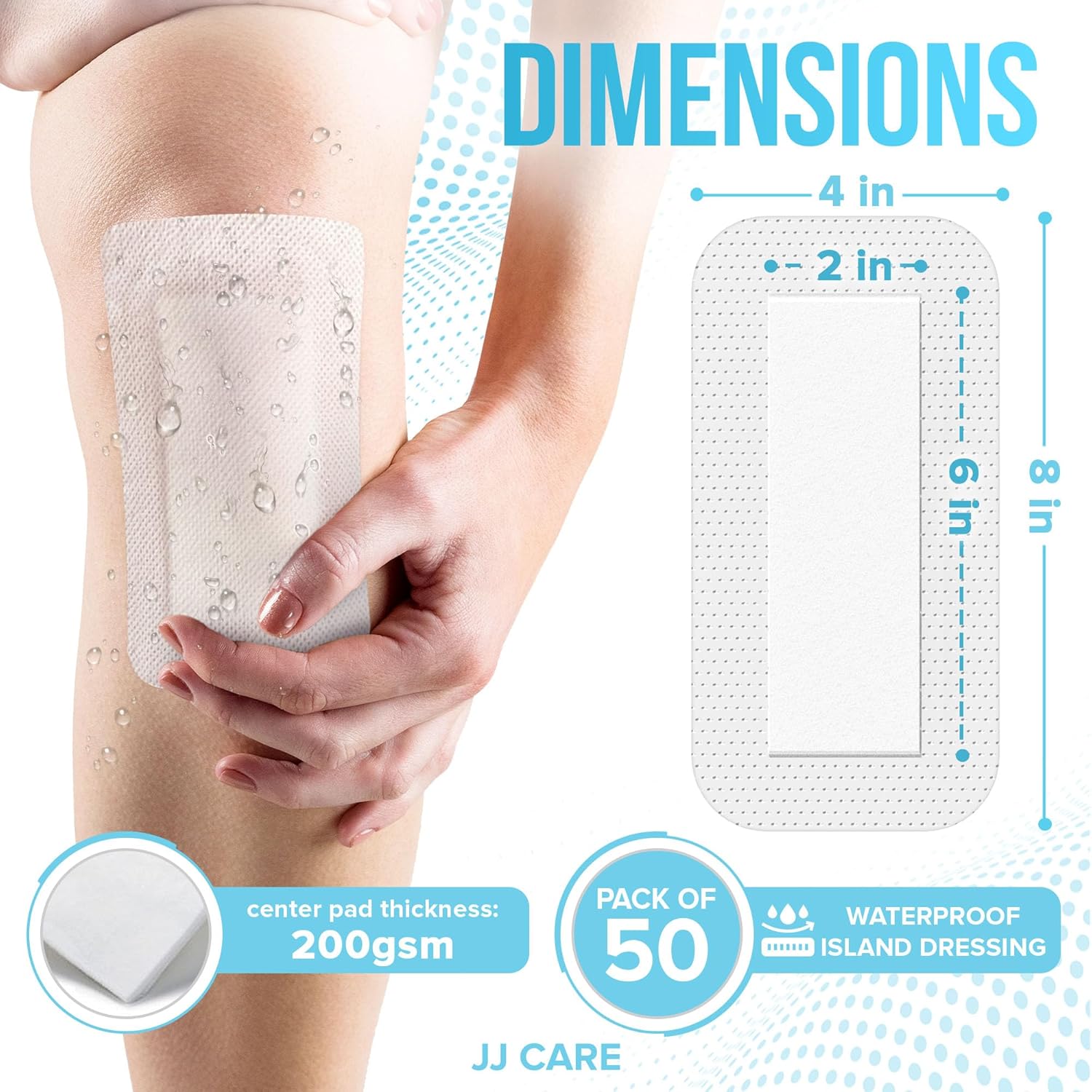 JJ CARE Waterproof Adhesive Island Dressing [Pack of 50], 4” x 8” Sterile Bordered Gauze, Breathable Island Wound Dressing, Individually Wrapped Adhesive Gauze Bandages with Non-Stick Central Pad