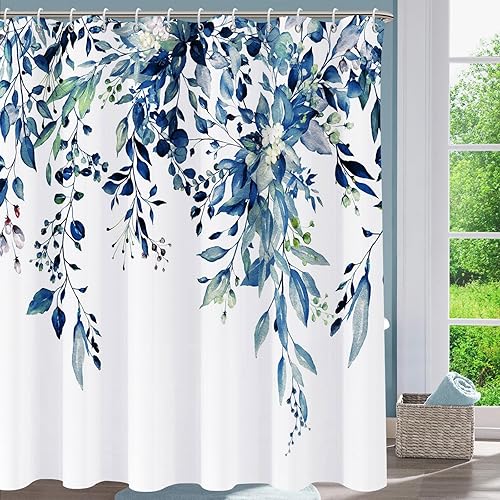 Miniatura 7 de Cortina de ducha de eucalipto azul para baño, juego de cortinas de ducha de hojas de acuarela, cortina de ducha impermeable para plantas, tela de