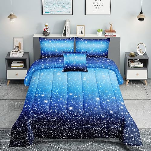 ROWADALO 5 Pieces Blue Gradient Glitter Sparkles Comforter Set Twin Size Galaxy Starry Sky Bedding Sets 5 Pcs Bed In A Bag for Kids Teen Girls Ultra