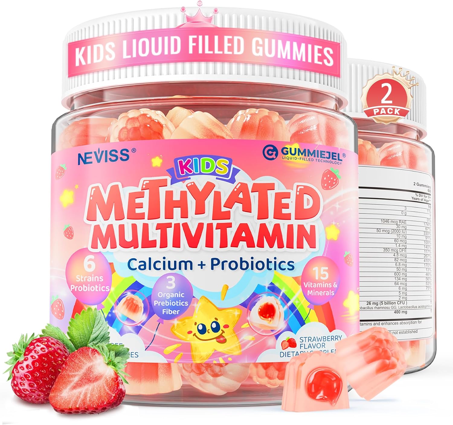 Kids Multivitamin Gummies + Calcium, Probiotics, Vitamin D3, C, Methylated B12 & Methylfolate, B6, A, K2, E, Zinc, Prebiotics for Children Ages 4+, Clean & Sugar Free, for Nutritional Support, 120 Cts