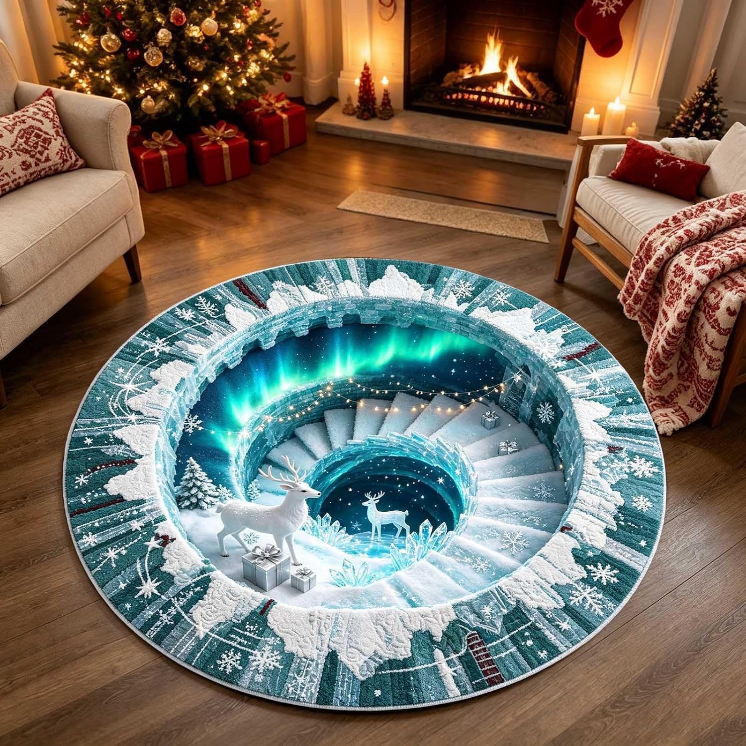 3D Christmas Santa Claus Optical Illusion Round Rug，Sky Blue