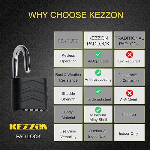 Miniatura 4 de Candado combinado para exteriores, 2.2 pulgadas, 2.205 in, ligero, resistente a la intemperie, 4 digitales, cuerpo de aluminio de seguridad, para