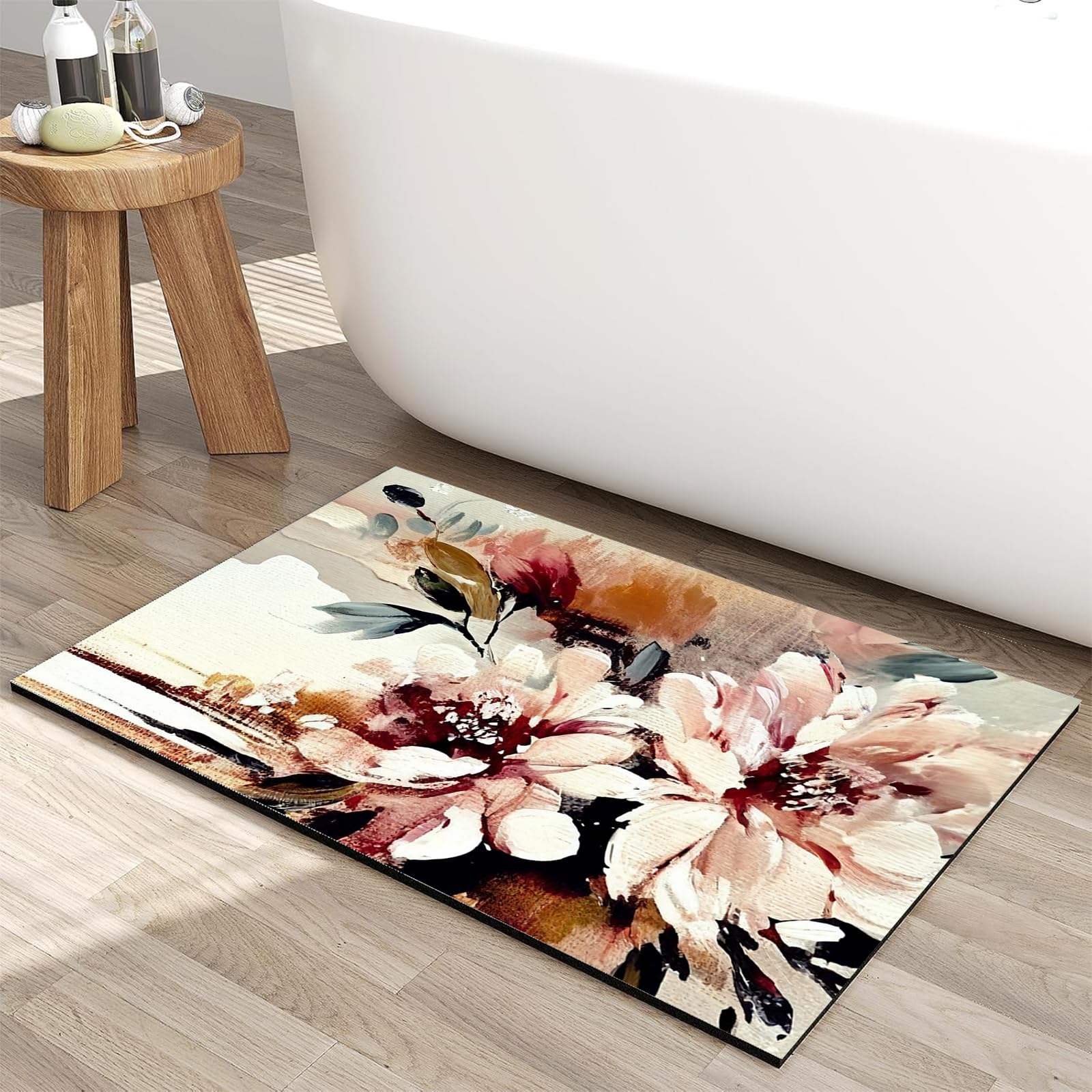 OWUFFY Diatomaceous Earth Bath Mat Super Absorbent Bath Mat Non Slip Quick Dry Thin Bathroom Mats Fit Under Door, Floor Rugs in Front of Bathtub,