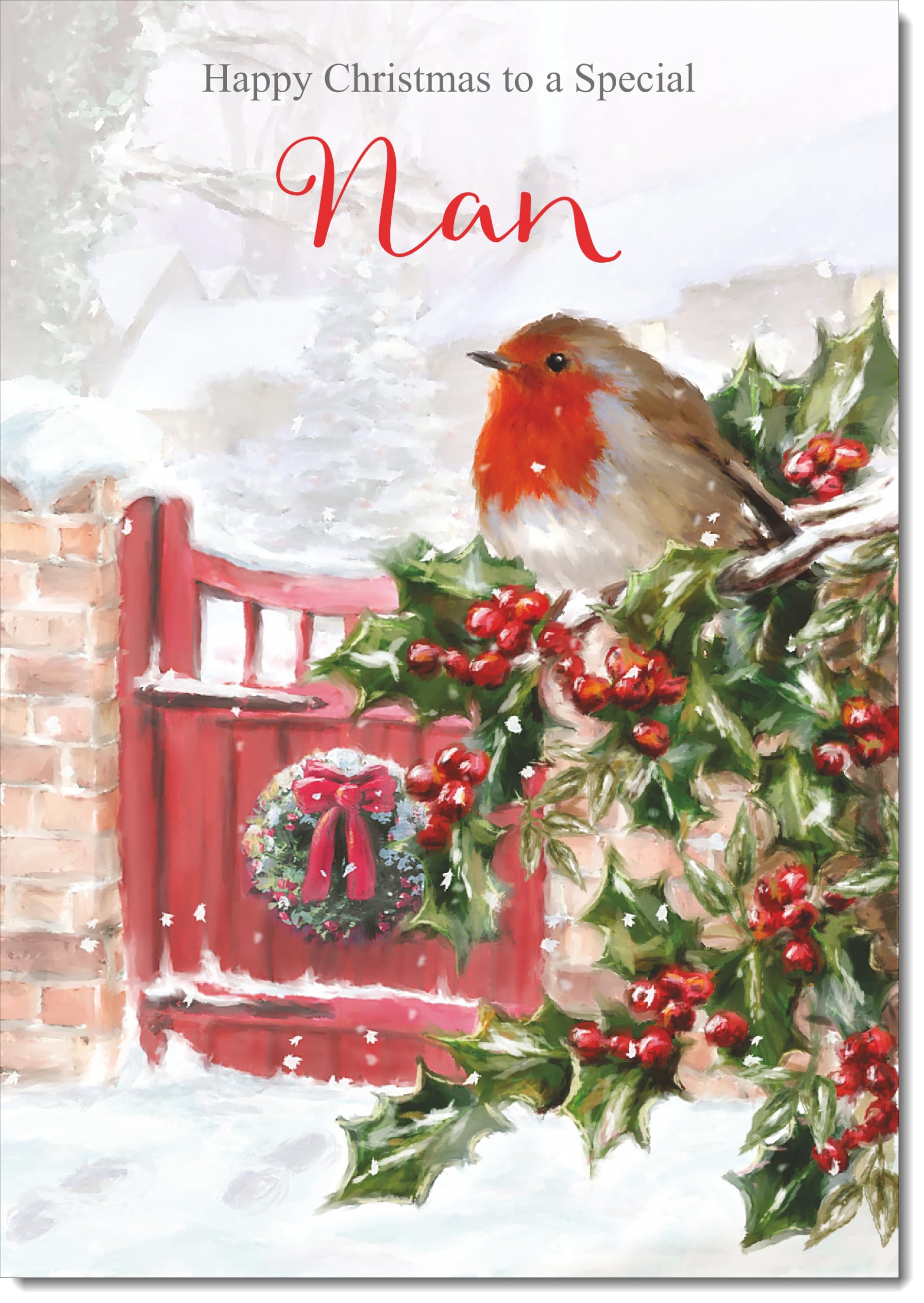 doodlecards Nan Christmas Card Robin on Holly Tree Large A4 Size Christmas Card for Nan with Plain Envelope โ image 1
