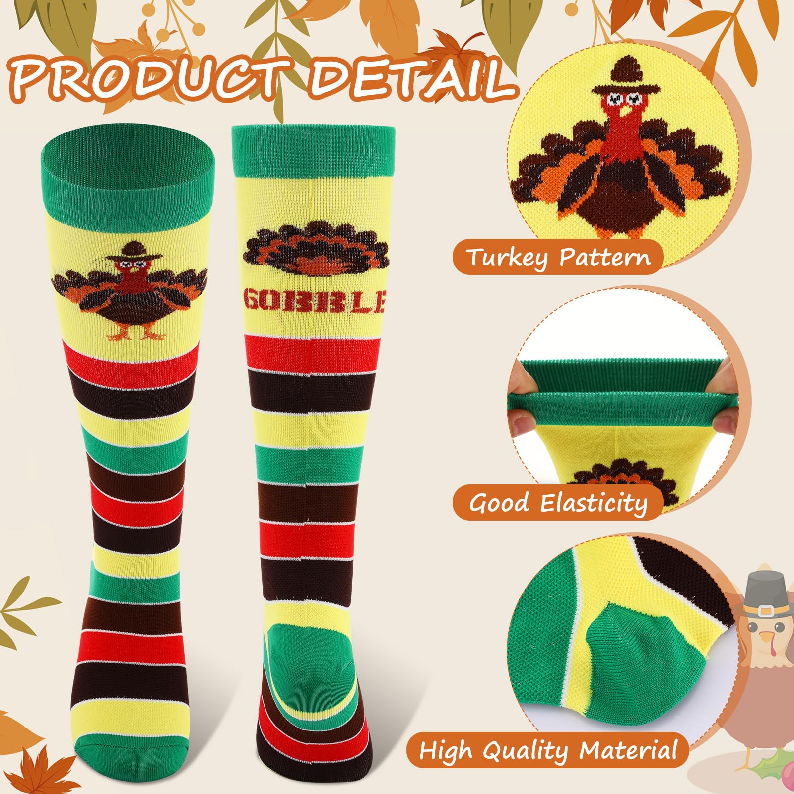 Xtinmee 12 pares de calcetines para correr de Acción de Gracias, calcetines de pavo para mujer, calcetines altos hasta la rodilla con rayas, calcetines de pavo para correr para mujeres y hombres,