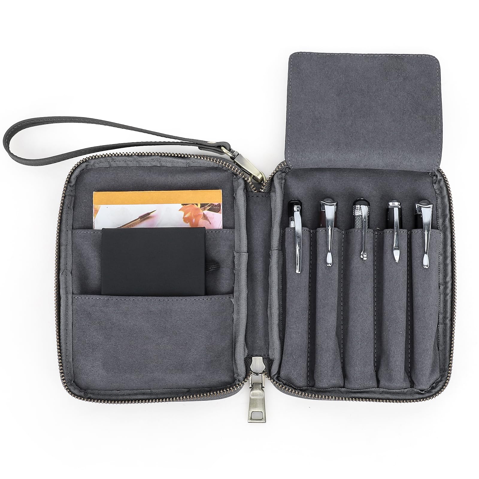 CONTACTS Fullgrain Leather 5 Pens Case Travel Organiser with A6 Journal Pocket Clutch,2 Notebook Pouch,Large Fountain Pen Holder,Vintage Soft Suede Interior,Removable Wrist Strap — image 1
