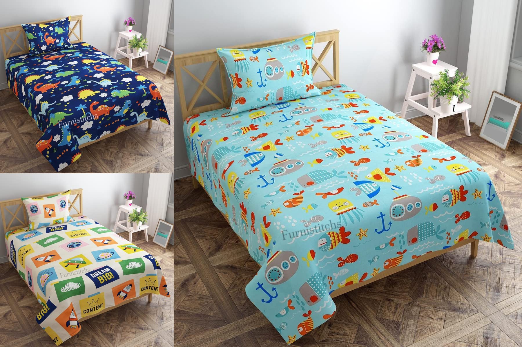 Kids Cartoon Print Single Bedsheets Combo of 3 Bedsheets and 3 Pillow Covers, Bedsheets for Single Bed Combo Pack of 3 Sets | 60"x90" inches / 150x230 cms - Combo 5-image-27