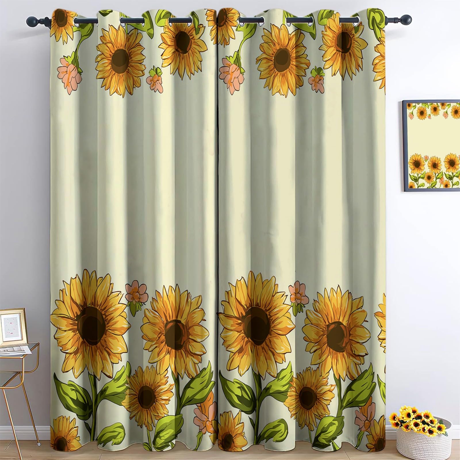 Generisch Sonnenblumenrand 2er Set Verdunkelungsvorhänge mit Ösen, Handgemalt Blickdicht Thermo Isoliert Vorhänge für Wohnzimmer & Schlafzimmer, HxB 166 x 75 cm