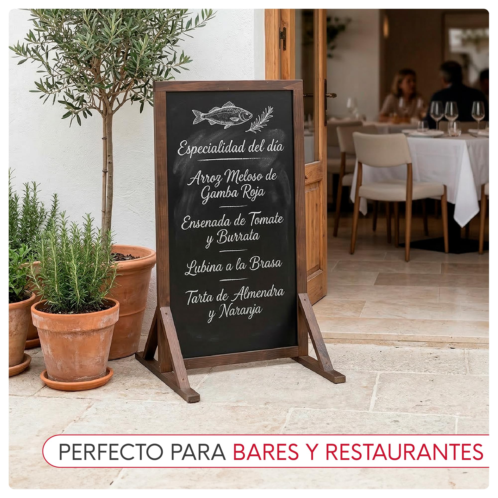 Pizarra Caballete Doble Cara Impermeable Lugano 51x108 cm | Pizarra Exterior de Suelo para Hostelería, Restaurantes, Terrazas y Comercios | Soporte Publicitario Escrita con Tiza