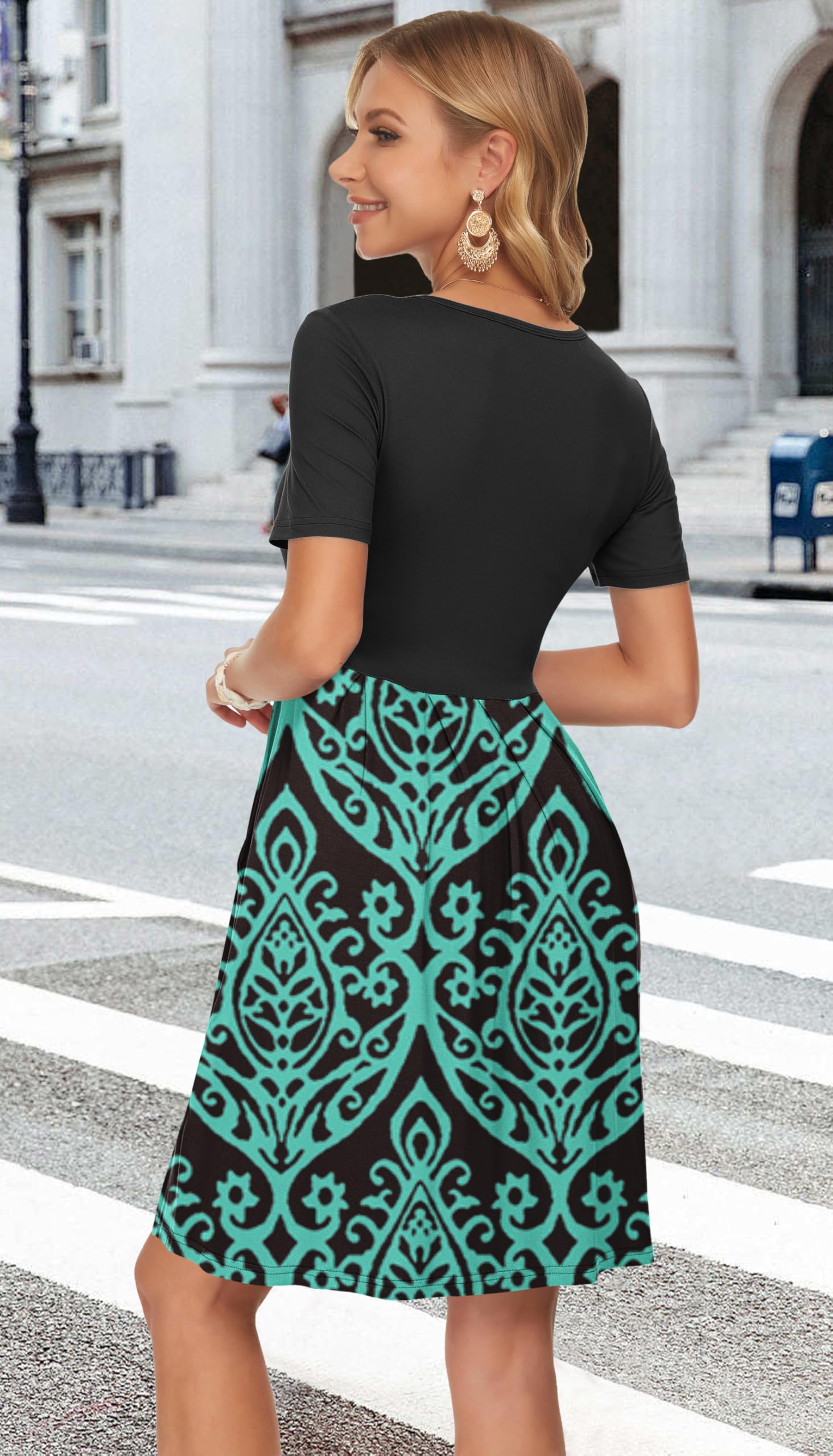 AUSELILY Abito Casual da Donna a Pieghe a Manica Corta con Lunghezza al Ginocchio con Tasche