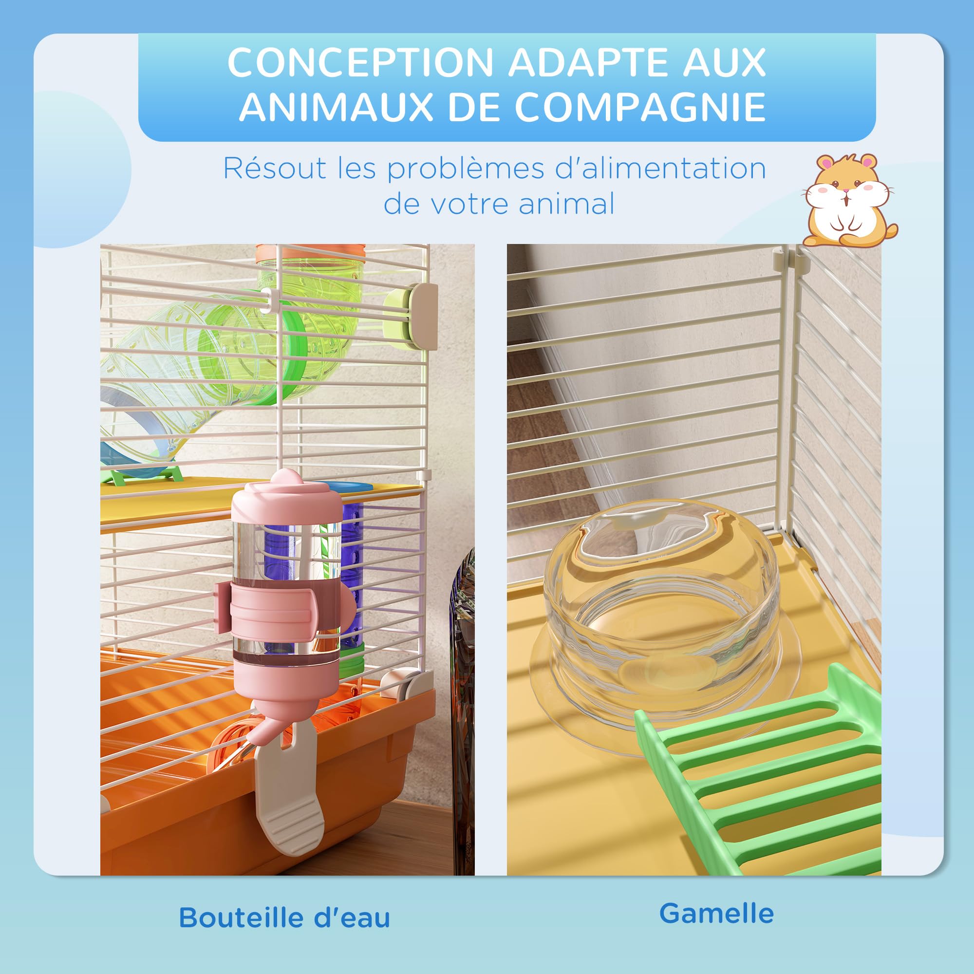 PawHut Cage pour Hamster Rongeur 4 étages avec Tunnels mangeoire Roue Maison échelles dim. 46L x 30l x 58H cm Orange - 5