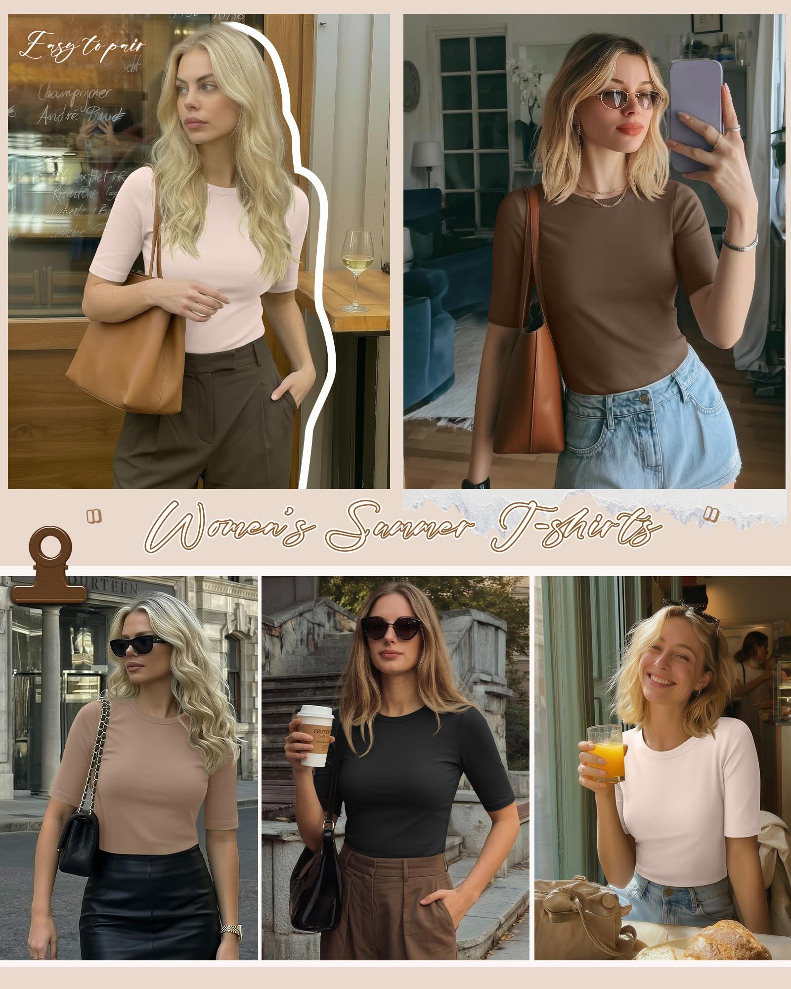 Neer Lot de 4 t-Shirts Basiques pour Femme avec Demi-Manches, Longueur coude, Coupe ajustée, col Rond, Manches 1, 2 Manches | Chemises à manches mi-longues, t-shirt basique léger et extensible, tenue de bureau, vêtements décontractés d'été