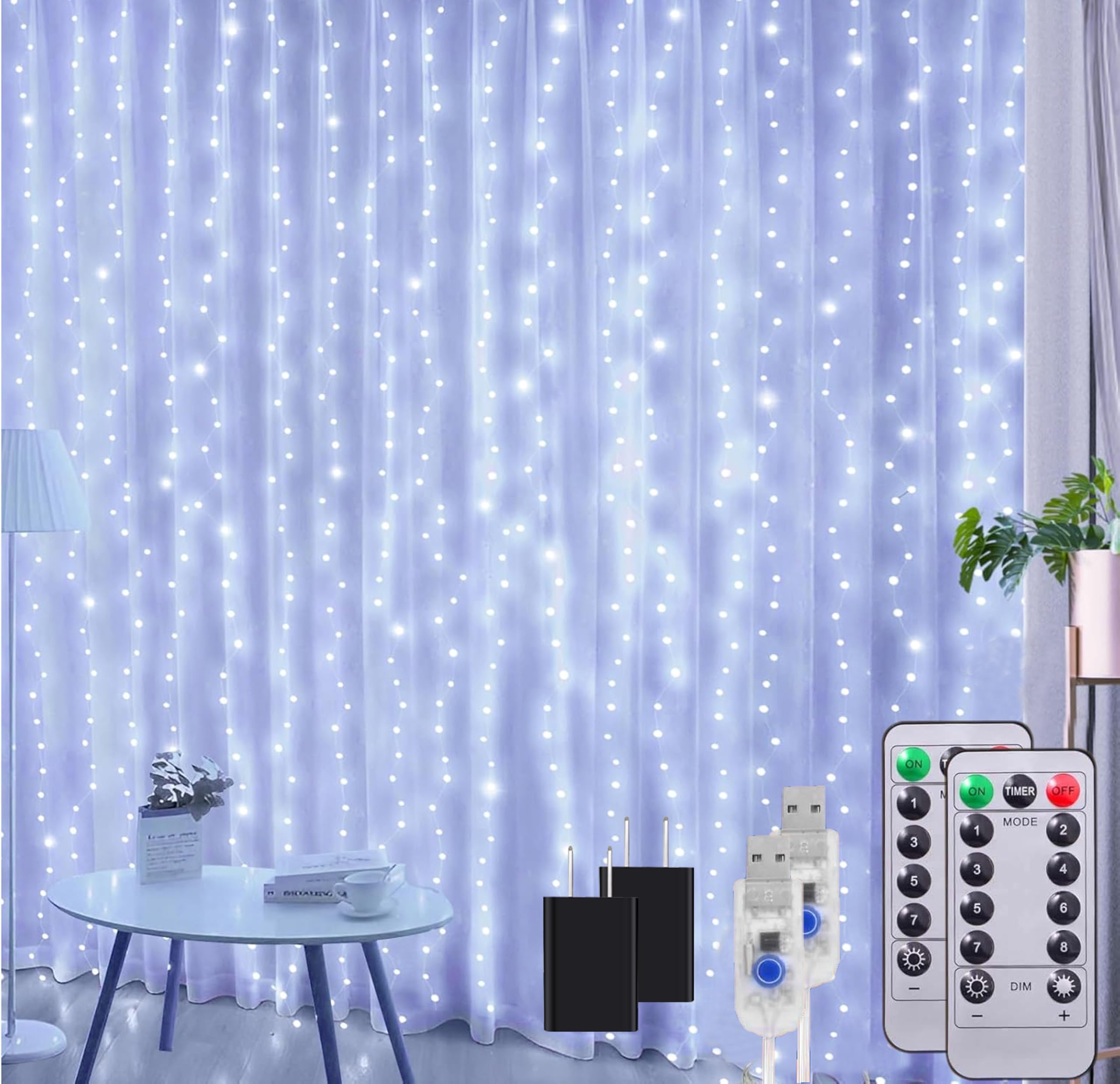 2 Pack Fairy Curtain Lights, Total 600 LED USB Plug in 8 Modes 9.8x9.8Ft Christmas StringHanging Lights with Remote for Bedroom, Indoor, Outdoor, Weddings, Party, Wall, Decorations, White