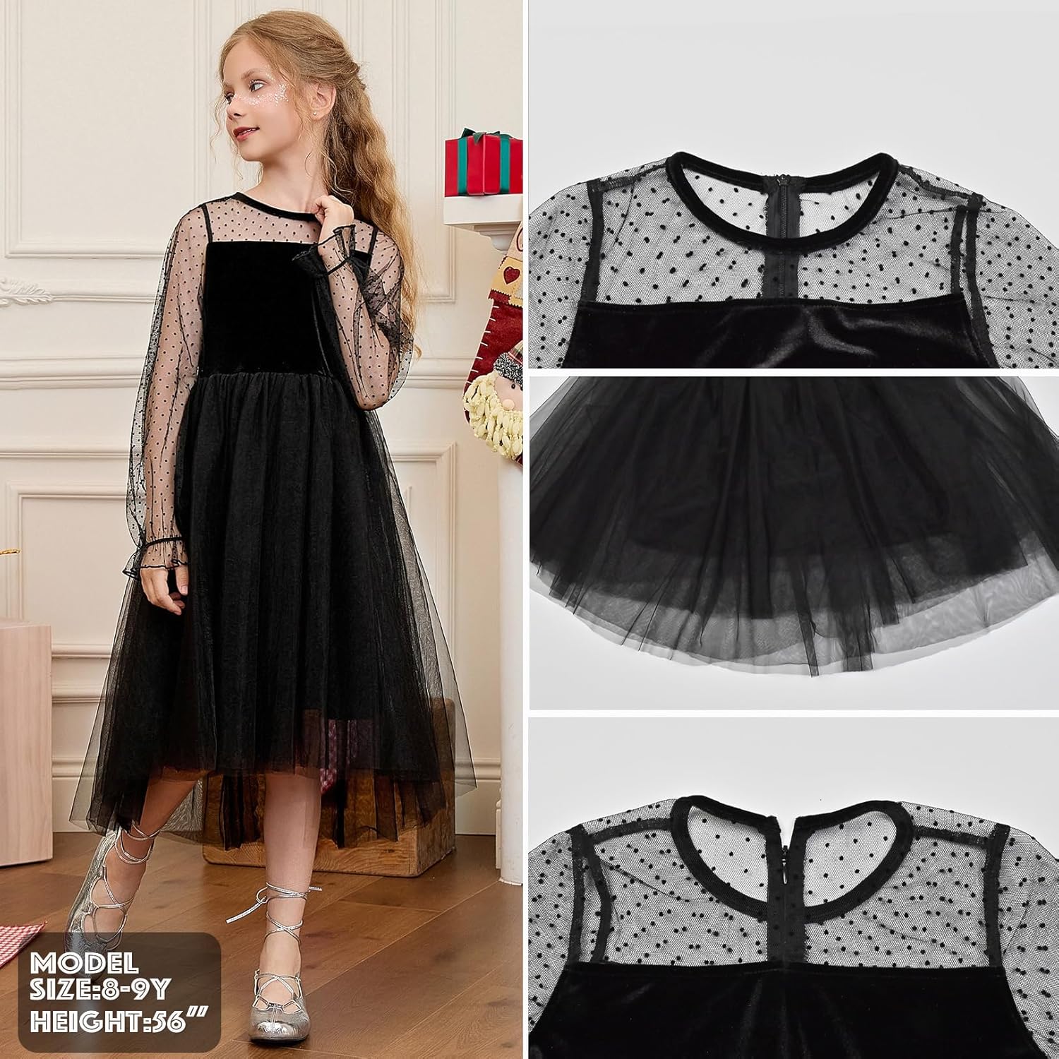 CHILDRENSTAR Girls Mesh Contrast Long Sleeve Velvet Dress Trendy High Low Party Dresses Black 10-11 Years image 5 of 5 B0FJDTCB6P