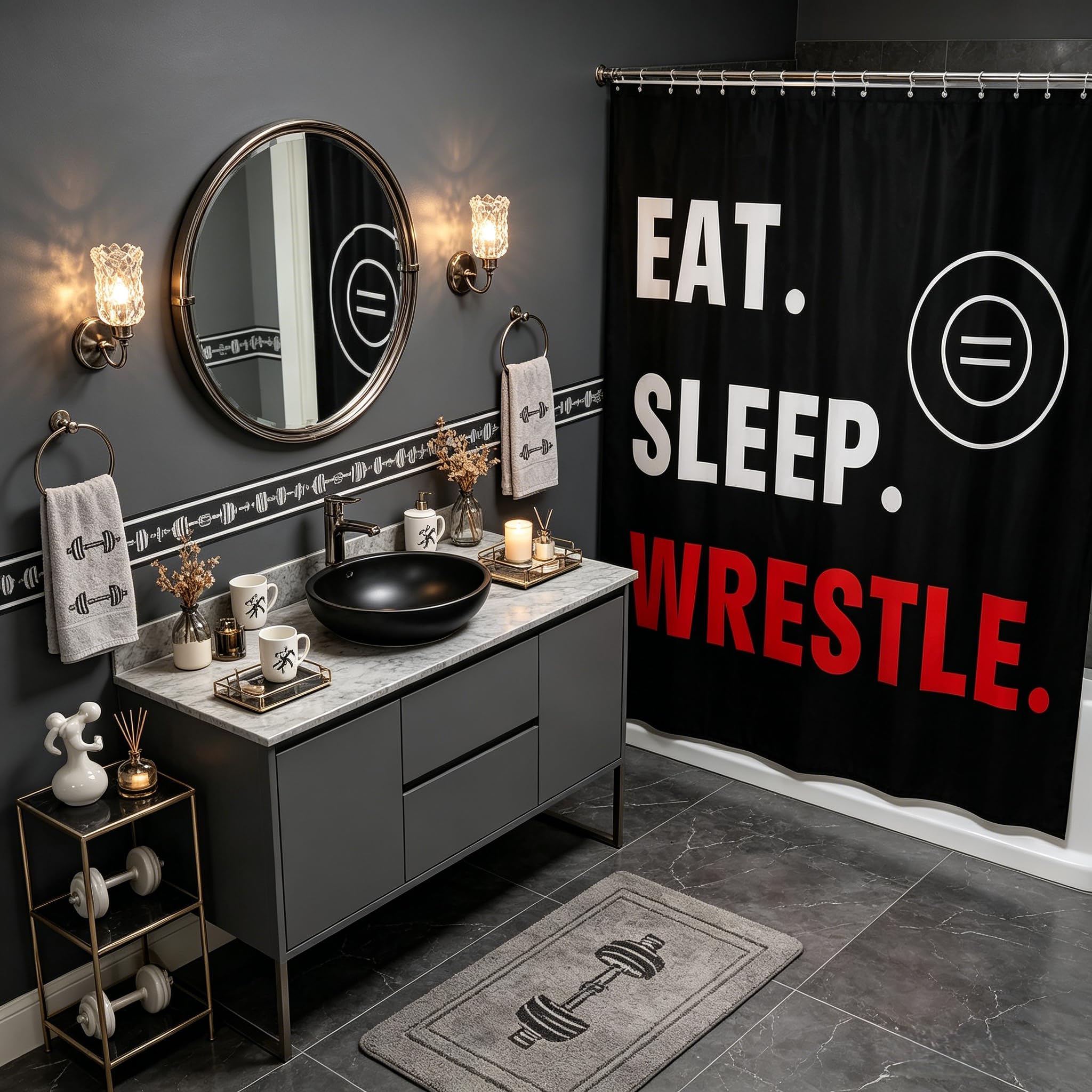 Wrestling Sports Fabric Shower Curtain,Eat Sleep Wrestle Themed Shower Curtain for Bathroom Stalls,Wrestle Rodeo Black Red Waterproof Bath Curtains with Hooks, 72Wx78L inch