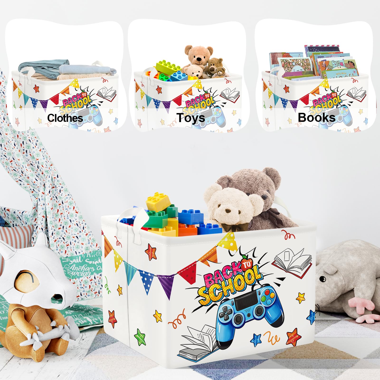 Clastyle Ceste Biancheria Gioco Cestino Giocattoli Vestiti Impermeabile per Ragazzo Ragazza Cestino Portaoggetti per Bagno Cameretta Bucato, Scuola Bianca, 40x30x30 cm