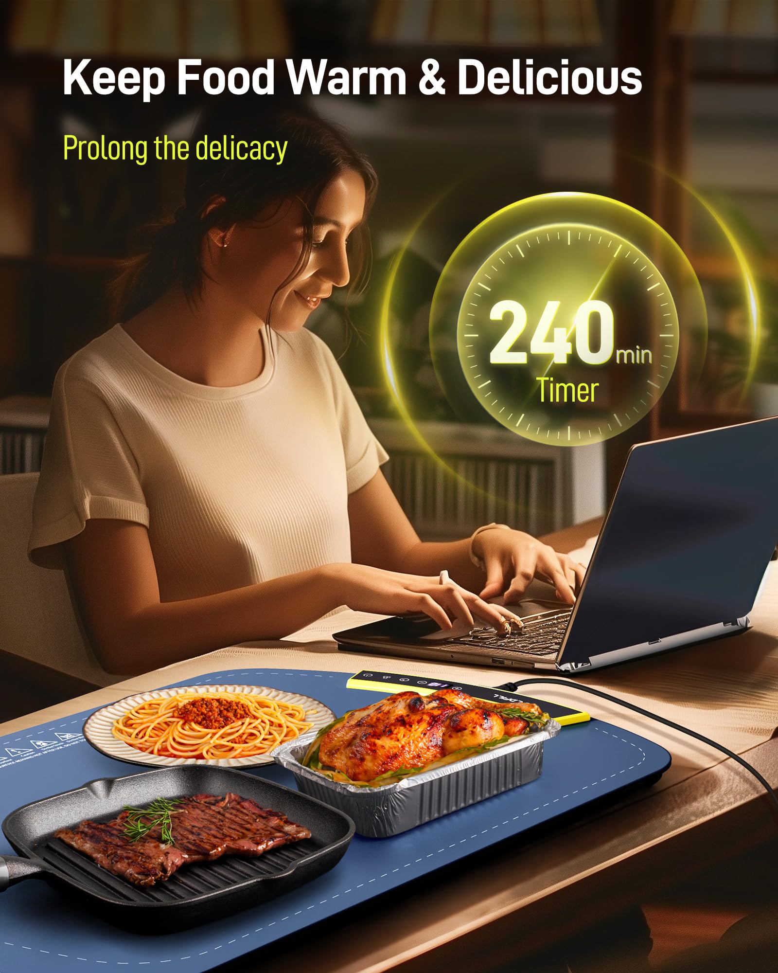 Vassoio Riscaldante Elettrico - Mantiene Caldi i Cibi per Buffet e feste, Scaldavivande Elettrico Portatile Regolabile da 40°C a 110°C, Riscalda l'intera Superficie in 5s, 60x40x2,5cm