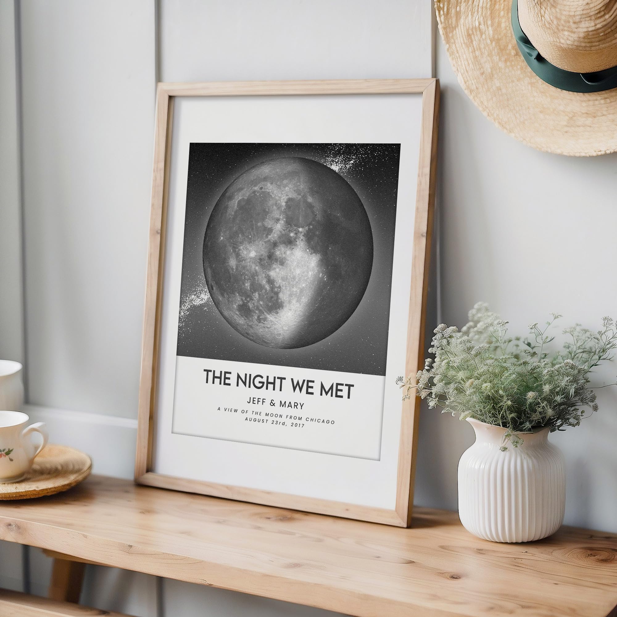 DREAM BIG PRINTABLES Custom Moon Phase Gift for Specific Date | Romantic Gifts for Her | Gifts for Husband | Personalized Night Sky | Paper Anniversary | Grey with Polaroid Border & Back Glow
