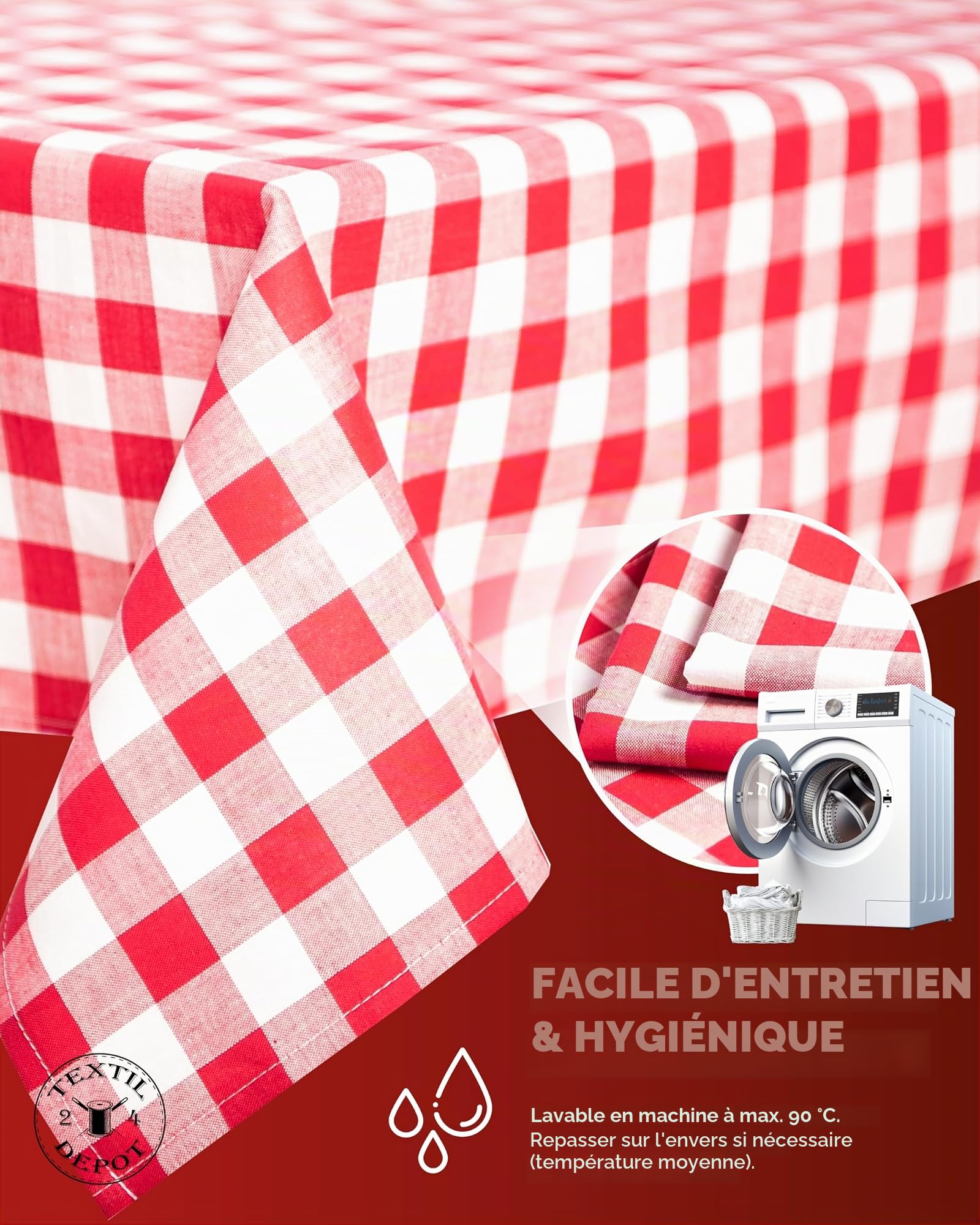 Lot de 12 Serviettes de Table à Carreaux Rouges et Blancs - 20 mm - 100% Coton - 60 x 60 cm