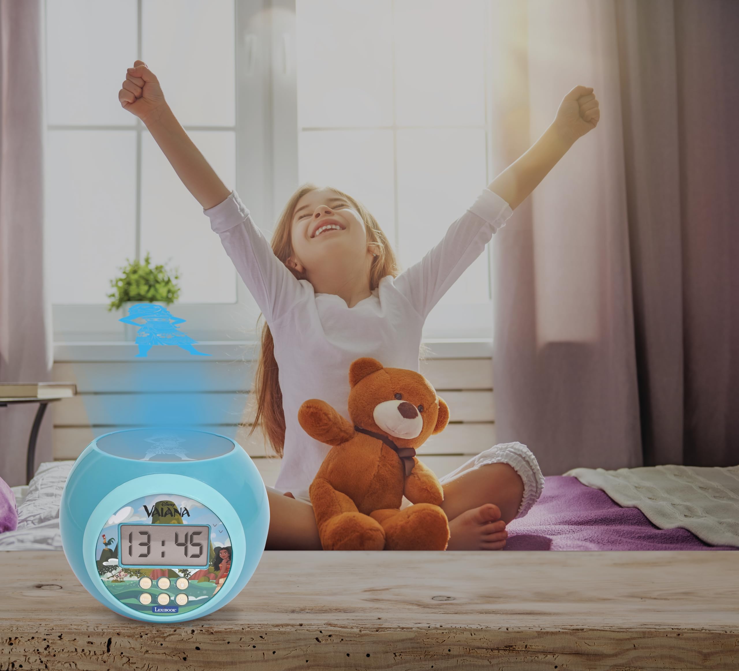 Lexibook, Disney Vaiana Oceania, Sveglia a proiettore con Funzione Snooze, Luce Notturna con Timer, Schermo LCD, a Batteria, Blu, RL977VNLXB
