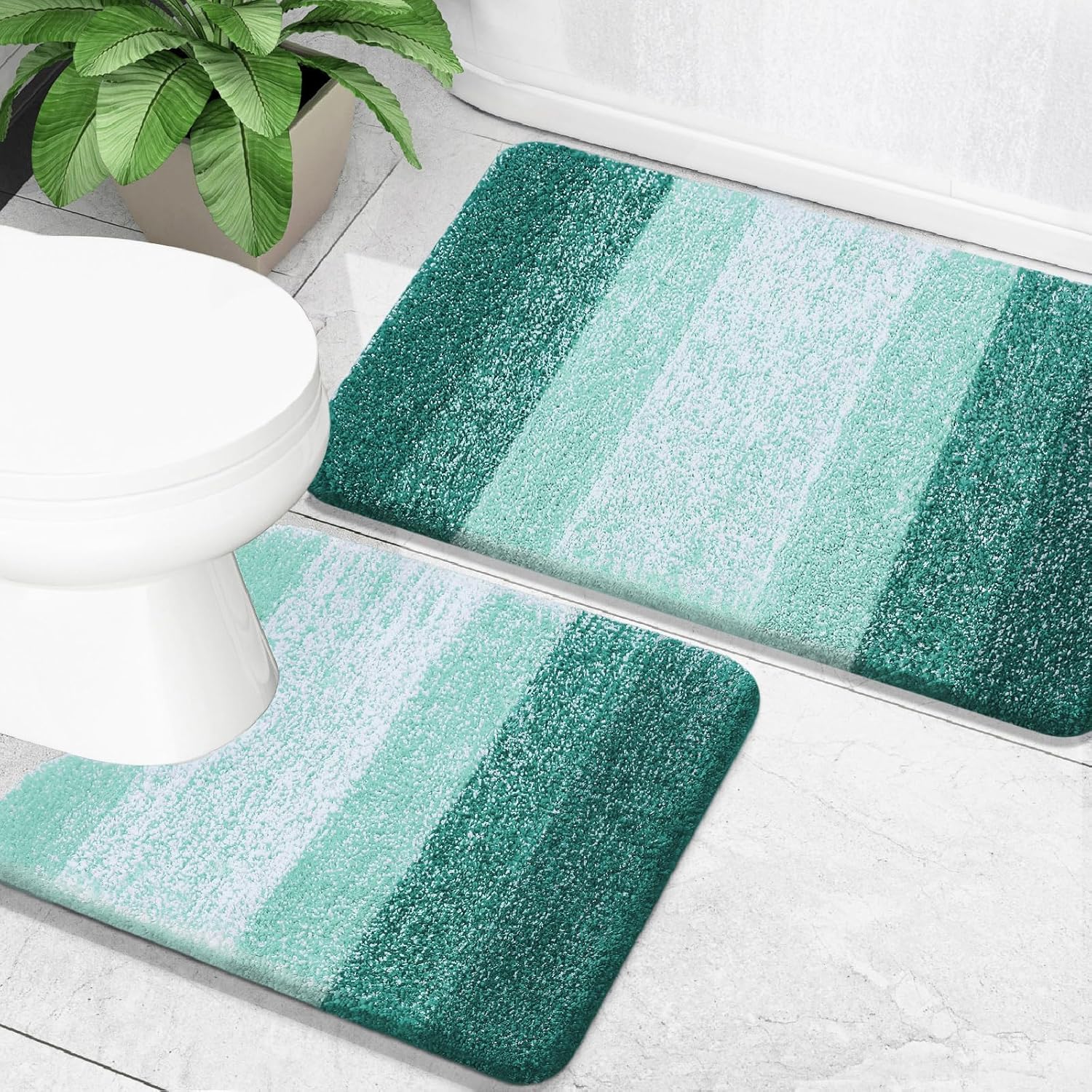 OLANLY Bathroom Mat Set 2 Piece, Soft Microfiber Absorbent Bath Mat and U-Shaped Contour Toilet Mat, Non-Slip Bathroom Rug Set, Machine Wash, Bath Mats for Bathroom, (24"x16"+24"x20", Blackish Green)