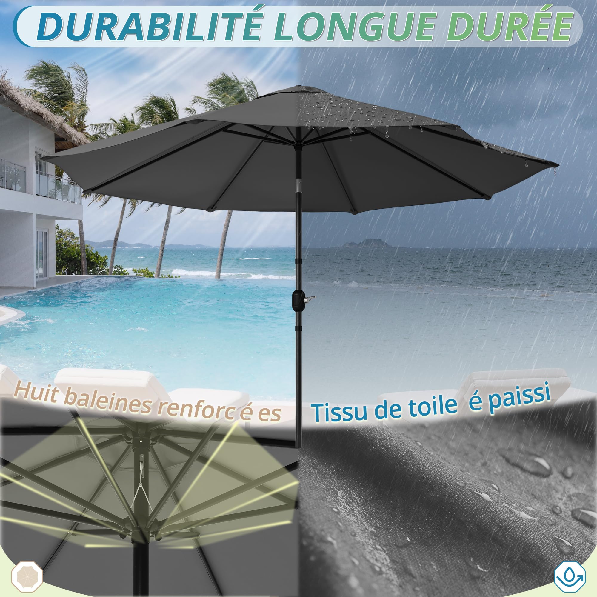 LUE BONA Parasol de Jardin 300cm-Parasol Inclinable avec 8 Baleines Cadre en Métal Protection Solaire,Protection UV 50+ pour Jardin Terrasse Patio Piscine Plage Balcon