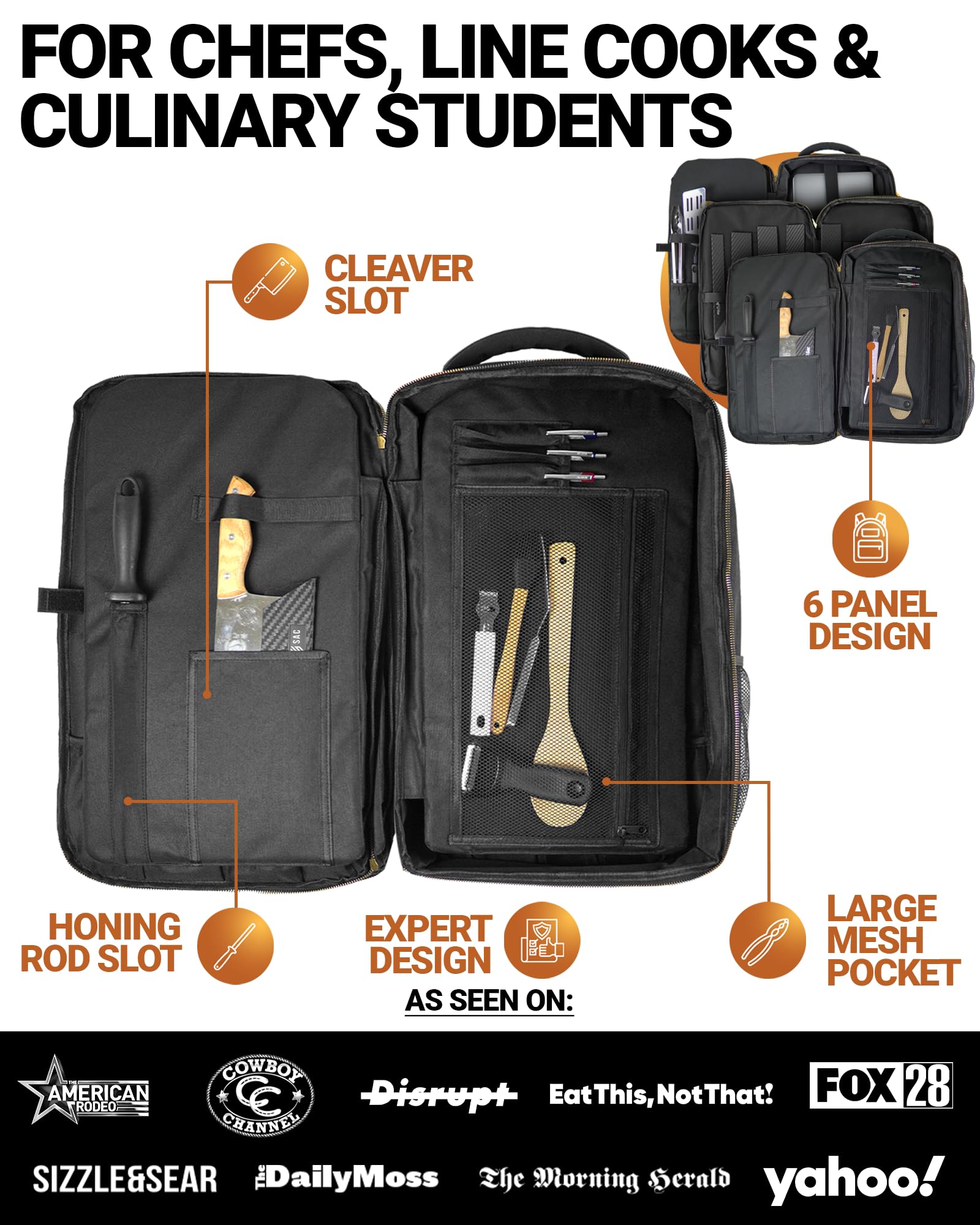 Chef Knife Backpack TRAVELLER - Patented Knife Retention Panels with Hook-and-Loop, Water Resistant 900D Polyester Canvas, YKK Zippers, Work Bag for Chefs & Culinary Students (Black) — Amazon image 2