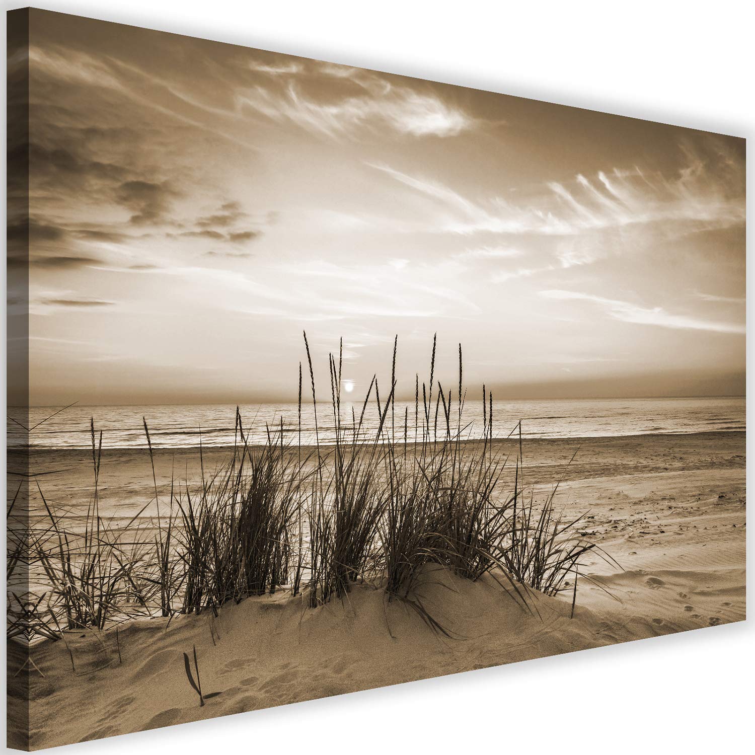 Feeby Bilder Strand Meer Sonnenuntergang XXL 100x70 cm 1 Teilig Modern Wohnzimmer Schlafzimmer Wandbilder Leinwandbilder Bild auf Leinwand Kunstdruck Wanddeko Design Natur Landschaft Grass Braun