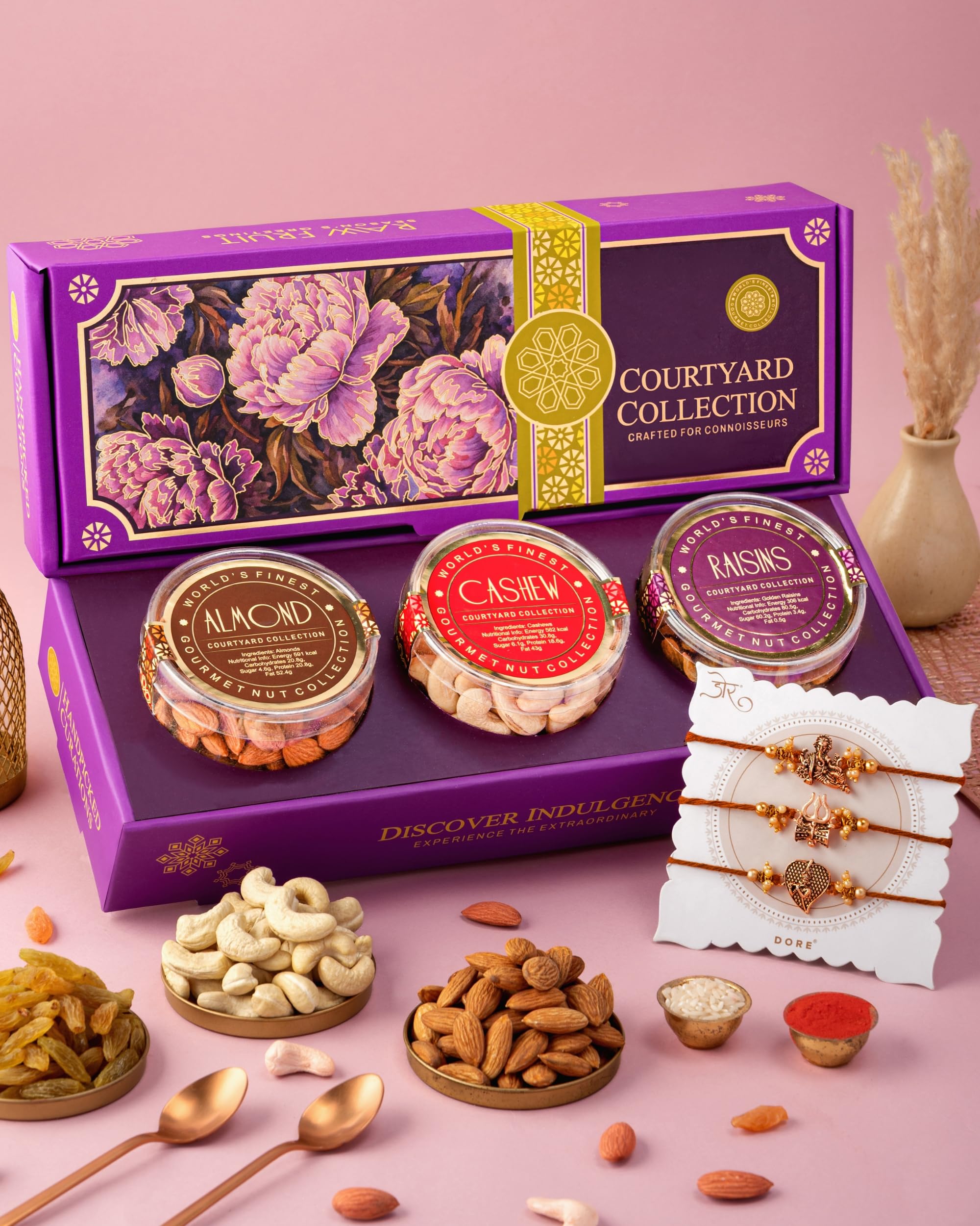 Hyperfoods® Rakhi with Dry Fruits Gift Box 375g (Gross Weight 590g) RawFruit Courtyard Collection Pack of 3 Dry Fruits Box Rakhi Gift Set for Brother Rakhi Set of 3 Rakhi Gifts for Brother