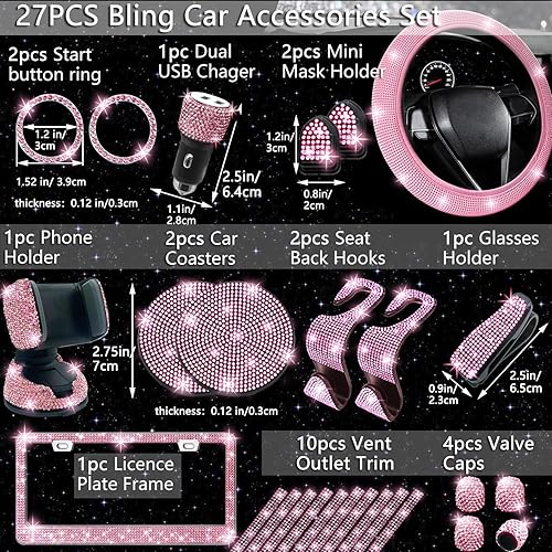 Miniatura 2 de NBTEPEM - Juego de 27 accesorios brillantes de automóvil para mujer, funda de volante de ajuste universal de 15'', marco para placa, soporte para