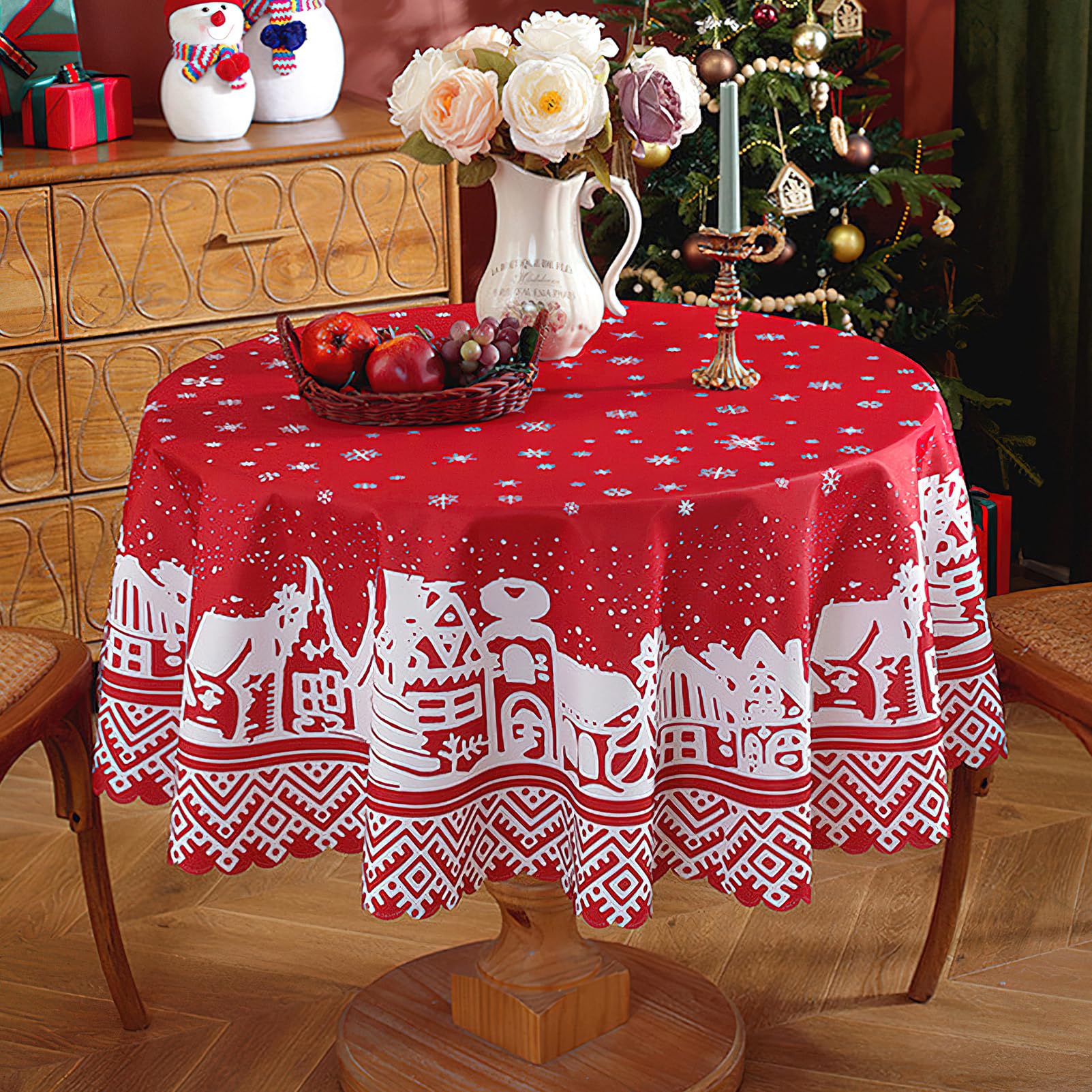 auons Christmas Tablecloth Round 60 Inch, Winter Snowflake Red Washable Table Cloths Christmas Decorations