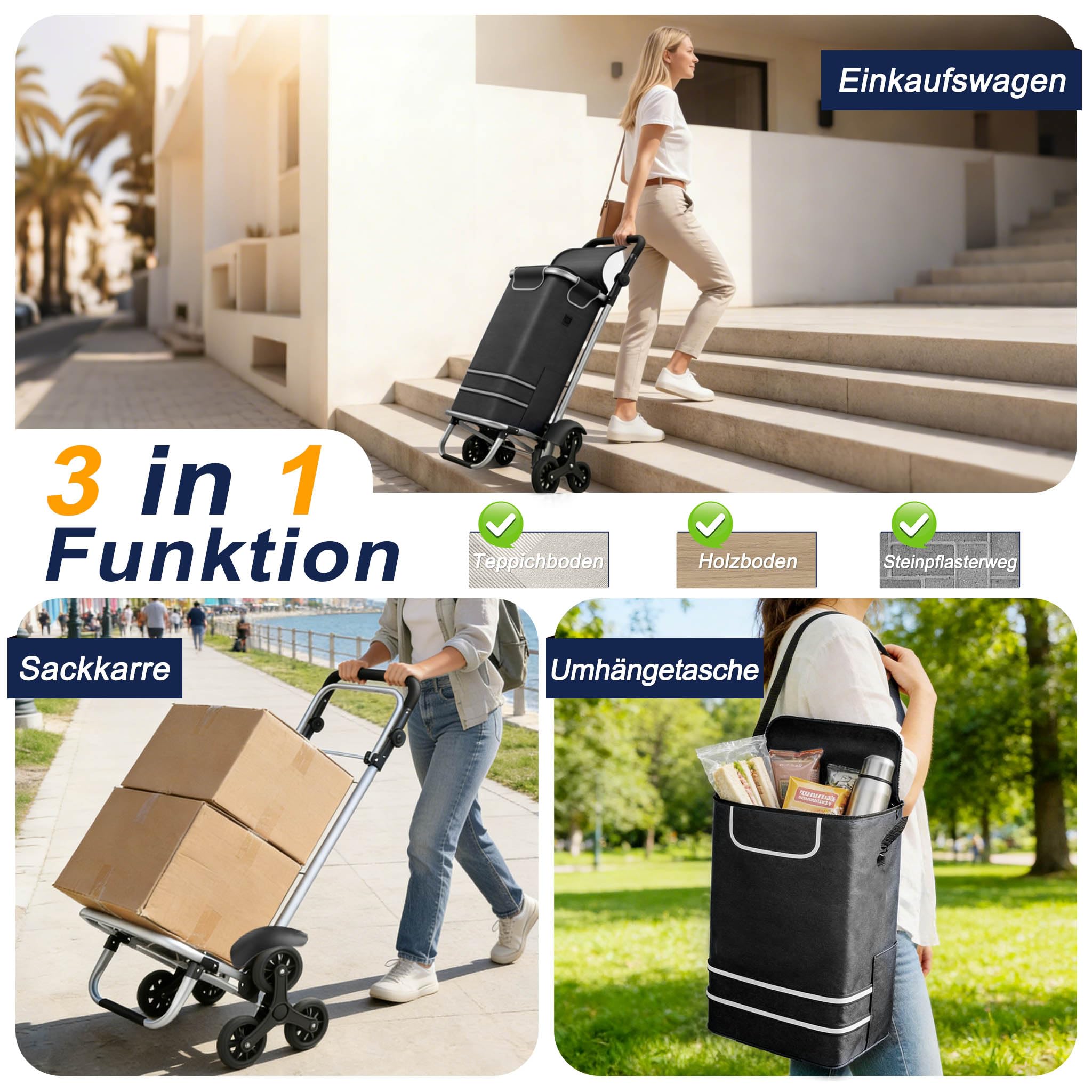 3in1 Klappbarer Einkaufstrolley 56L | Einkaufsroller mit Umhängetasche & Sackkarre | Einkaufswagen Schwarz 3-Rad