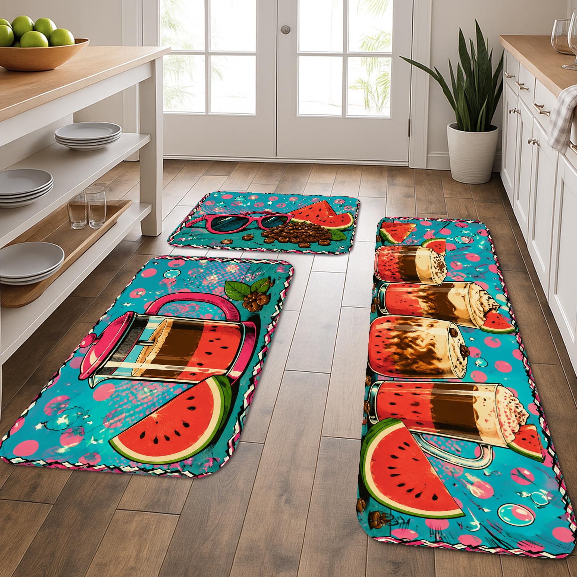 Tapis de sol cuisine lavables anti-fatigue, lot de 3 tapis pastèque doux