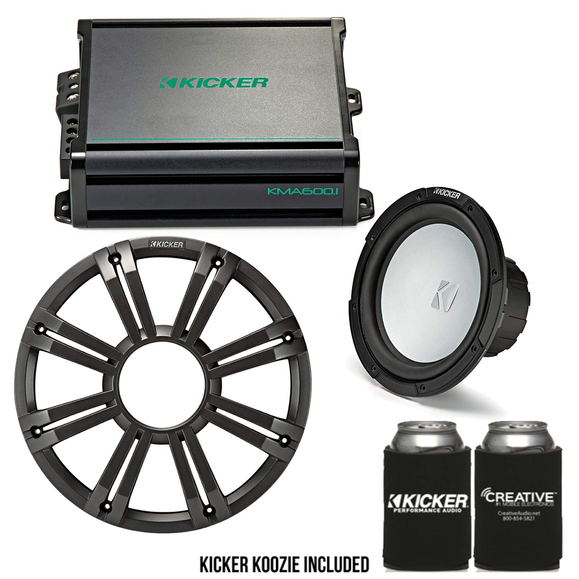 KICKER 10 Inch LED Marine Subwoofer (Charcoal) 600 Watt Amplifier Bundle