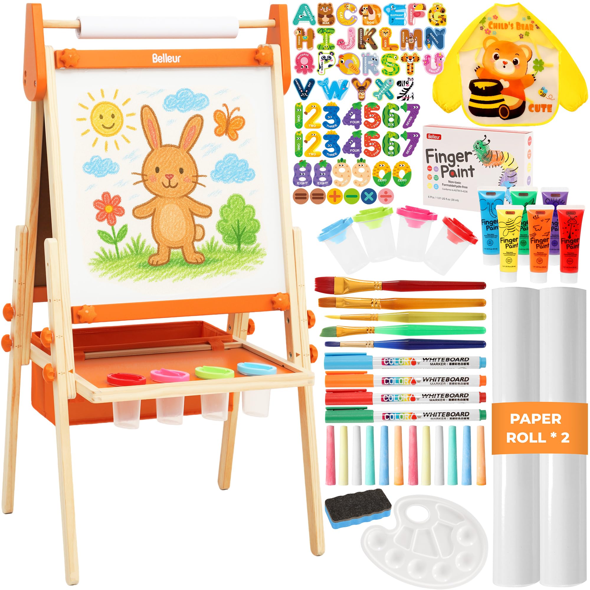 Belleur All-in-One Art Easel for Kids, Adjustable Double Sided Easel for Toddlers with Magnetic Whiteboard &amp; Dry-Erase Chalk Board &amp; Paper Roll, Child Painting Easel for Kid 2-8 Birthday Gift-Orange