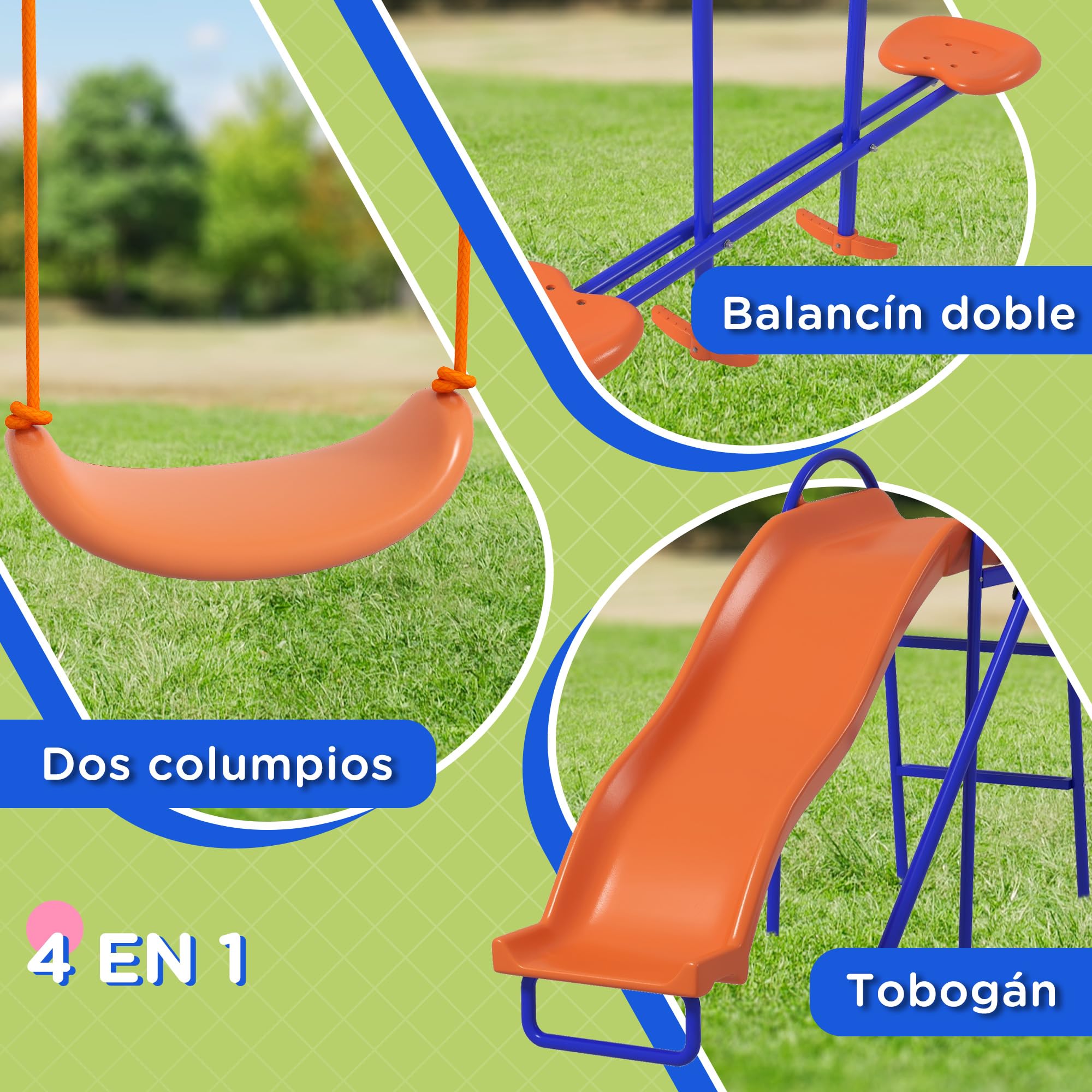 Outsunny Columpio Infantil 4 en 1 Columpio para Niños con 2 Columpios Individuales 1 Columpio del Planeador 1 Tobogán Cuerda Ajustable y Anti-UV para Exterior Carga 225 kg Multicolor