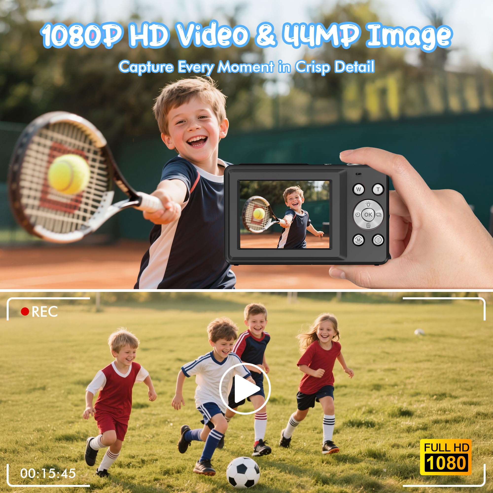 Fotocamera Digitale 1080P 44MP Macchina Fotografica Vlogging per Bambini Ragazzi, FHD Compatta Portatile con Schermo da 2,4" Zoom 16X, Mini Fotocamera Anti-Shake per Principianti Studenti-Nero - 2