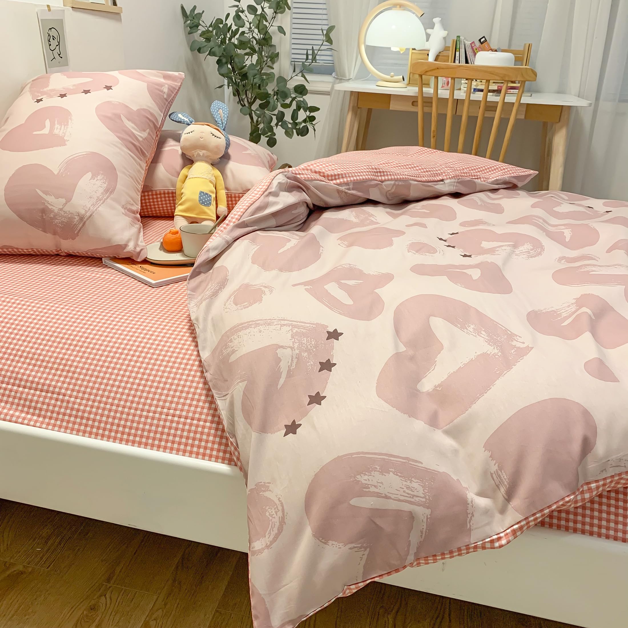 GETIYA Biancheria da letto da donna e ragazza, 135 x 200 cm, in cotone, motivo cuore, copripiumino singolo, romantico, rosa, reversibile, con chiusura lampo e 1 federa 80 x 80 cm